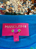 MANOUSH TURQUOISE FLORAL BEADED TRIM & GOLD SEQUINNED TIE BELT JUMPER SIZE M