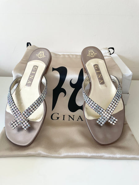 GINA PEWTER MIST FLAT DIAMANTÉ LEATHER THONG SANDALS SIZE UK 5.5/ 38.5
