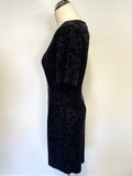JIGSAW BLACK & PURPLE PRINT SHORT SLEEVE STRETCH JERSEY DRESS SIZE S