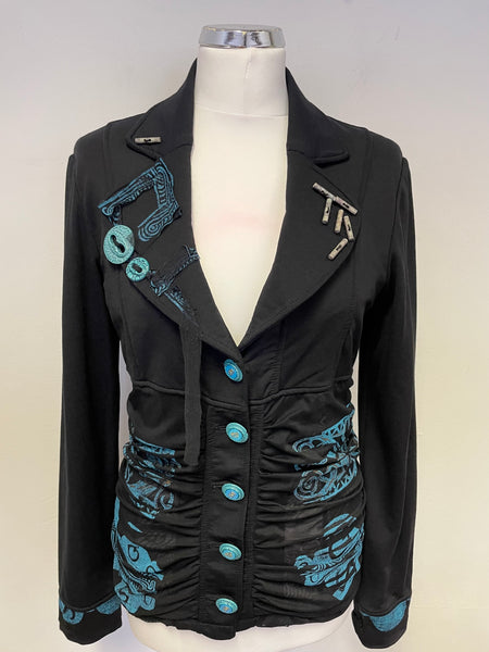 SAVE THE QUEEN BLACK & TURQUOISE PRINT DESIGN JACKET SIZE XL
