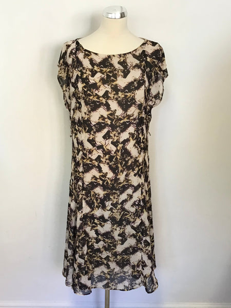 REISS BLACK,CREAM & GOLD PRINT CAP SLEEVE FIT & FLARE DRESS SIZE 14