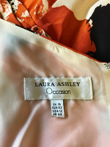 LAURA ASHLEY OCCASION ORANGE,BLACK & IVORY PRINT SILK DRESS SIZE 16