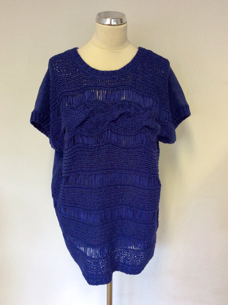 OUI BLUE KNIT FRONT WITH LINEN BACK JUMPER/TOP SIZE 14
