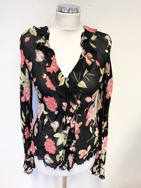 PHASE EIGHT BLACK & PINK FLORAL FRILL TRIM LONG SLEEVE BLOUSE SIZE 12