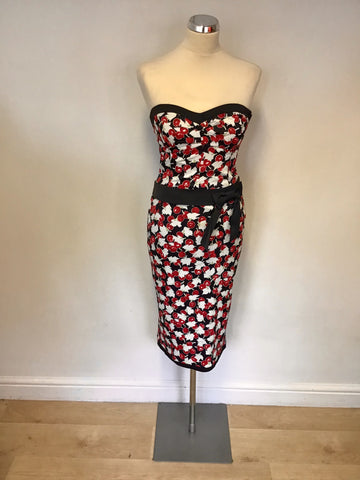 KAREN MILLEN BLACK,RED & WHITE CHERRY PRINT STRAPLESS DRESS SIZE 8/10