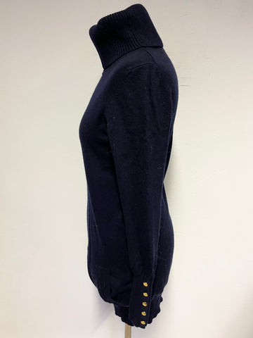 LAARK NAVY BLUE 100% CASHMERE BUTTON TRIM CUFF LONG JUMPER SIZE M