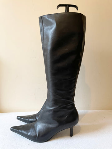 LK BENNETT BLACK LEATHER POINTED TOE KNEE LENGTH BOOTS SIZE 5/38