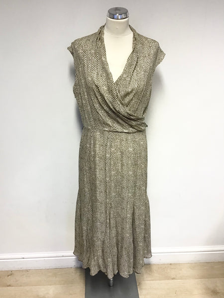 JAEGER BROWN & CREAM  PRINT SILK SLEEVELESS MIDI DRESS SIZE 12