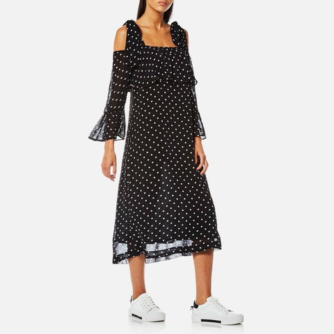 BRAND NEW GANNI BLACK & WHITE SPOT MONETTE GEORGETTE COLD SHOULDER MIDI DRESS SIZE 36 UK 10