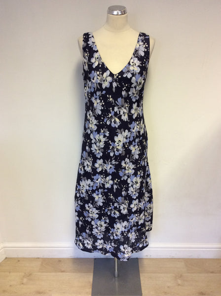 LAURA ASHLEY DARK BLUE FLORAL PRINT LINEN DRESS SIZE 12