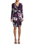 BRAND NEW DONNA KARAN PURPLE PRINT TWIST FRONT LONG SLEEVE DRESS SIZE UK 8