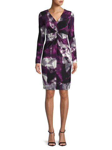 BRAND NEW DONNA KARAN PURPLE PRINT TWIST FRONT LONG SLEEVE DRESS SIZE UK 8