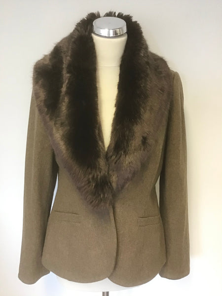 JOULES LARKWORTH BROWN TWEED JACKET WITH DETACHABLE FAUX FUR COLLAR SIZE 14