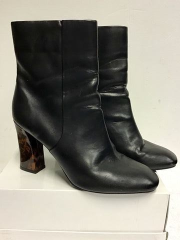 MARKS & SPENCER BLACK LEATHER & BROWN TORTOISE HEEL ANKLE BOOTS SIZE 7.5/40.5