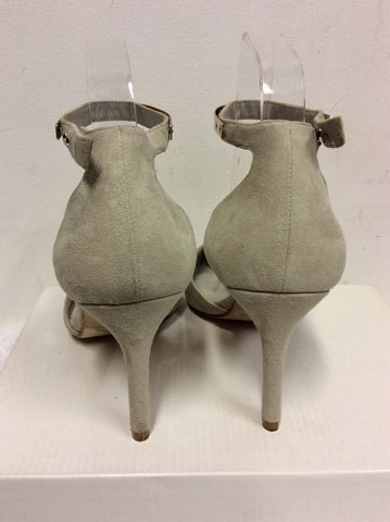 BRAND NEW REISS LIGHT GREY SUEDE & GOLD METAL TRIM ANKLE STRAP HEELS SIZE 5/38