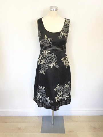 MONSOON BLACK WITH SILVER & IVORY FLORAL EMBROIDERY SLEEVELESS OCCASION DRESS SIZE 10