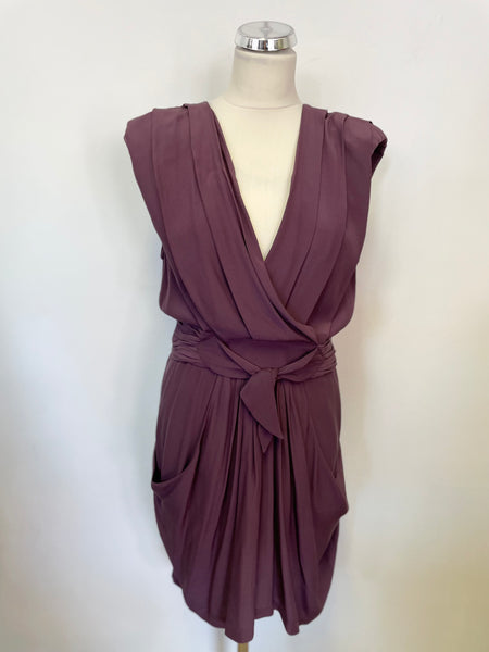 WHISTLES PLUM SILK CAP SLEEVED TIE WAIST DRESS SIZE 14