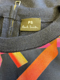 PAUL SMITH NAVY BLUE WOOL KNIT & MULTI COLOURED SILKY FRONT JUMPER SIZE M