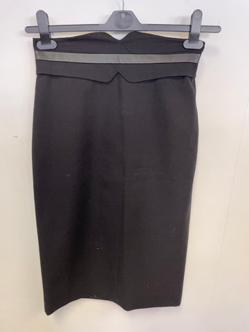 KAREN MILLEN BLACK & FAUX LEATHER TRIM PENCIL SKIRT SIZE 8