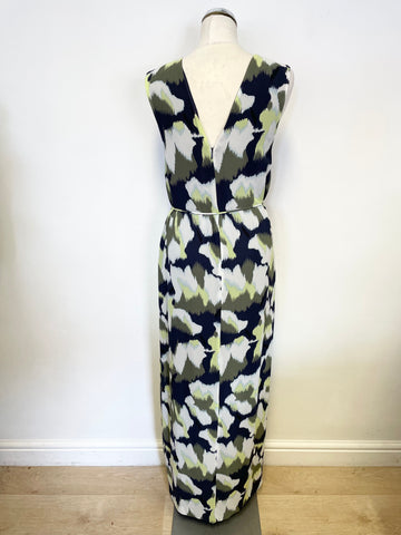WHISTLES NAVY,GREEN & WHITE PRINT SLEEVELESS TIE WAIST MAXI DRESS SIZE 12