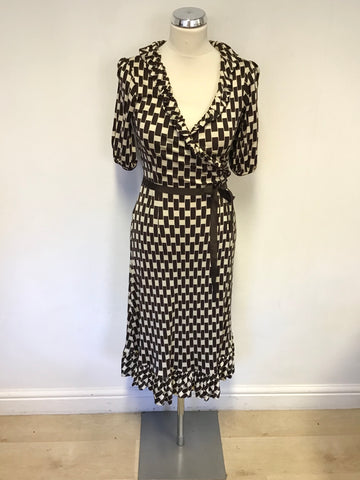 COAST BROWN & CREAM PRINT SILK SHORT SLEEVE WRAP AROUND DRESS SIZE 8
