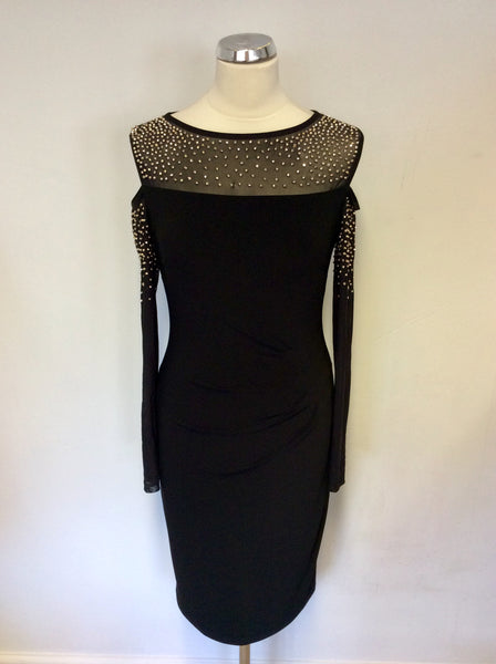 BRAND NEW JOSEPH RIBKOFF BLACK WITH SILVER BEADED MESH COLD SHOULDER COCKTAIL DRESS SIZE 10
