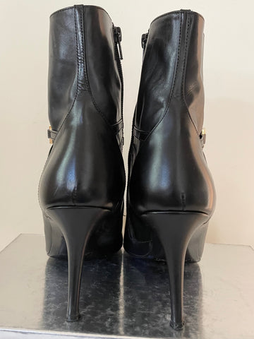 LK BENNETT BLACK LEATHER WITH GOLD PLATE TRIM STILETTO HEEL ANKLE BOOTS SIZE 6/39