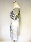 HOBBS INVITATION WHITE FLORAL PRINT PENCIL DRESS & BLUE BOLERO CARDIGAN SIZE 10