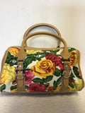 KAREN MILLEN FLORAL ROSE PRINT COTTON & TAN LEATHER TRIM HAND BAG