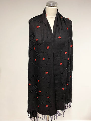 UNBRANDED BLACK WOOL WITH RED ROSE BEADED EMBELISHMENT LARGE SHAWL/WRAP