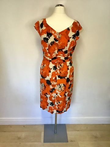 LAURA ASHLEY OCCASION ORANGE,BLACK & IVORY PRINT SILK DRESS SIZE 16