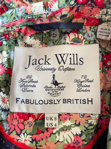 JACK WILLS NAVY & MULTICOLOURED FLORAL PRINT COTTON FITTED JACKET SIZE 8