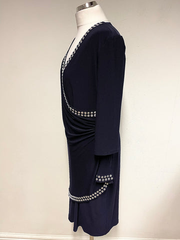 JOSEPH RIBKOFF NAVY BLUE & SILVER STUD TRIM DETAIL SPECIAL OCCASION DRESS SIZE 16
