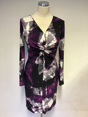 BRAND NEW DONNA KARAN PURPLE PRINT TWIST FRONT LONG SLEEVE DRESS SIZE UK 8