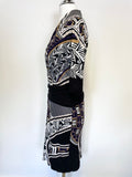 MARCCAIN BLACK,WHITE,PURPLE & TAN PRINT STRETCH JERSEY SHORT SLEEVE PENCIL DRESS SIZE 4 UK 12/14