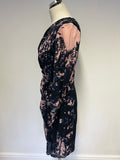WHISTLES NAVY BLUE & PINK PRINT SILK LONG SLEEVE PLEATED DRAPE PENCIL DRESS SIZE 14
