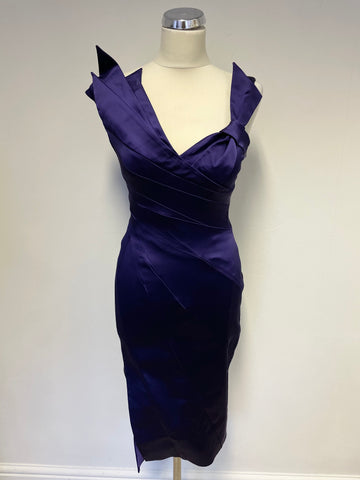 KAREN MILLEN PURPLE SATIN PLEATED DETAIL NECKLINE SPECIAL OCCASION PENCIL DRESS SIZE 10