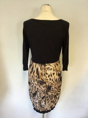 MINT VELVET BLACK KNIT & BROWN SILK PRINT DRESS SIZE 12