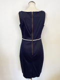 NOUGAT NAVY BLUE WITH WHITE BOW TRIM SLEEVELESS PENCIL DRESS SIZE 3 UK 12