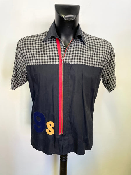 FAKE LONDON BLACK & GREY CHECK TRIM ZIP FRONT SHORT SLEEVE CASUAL SHIRT SIZE M