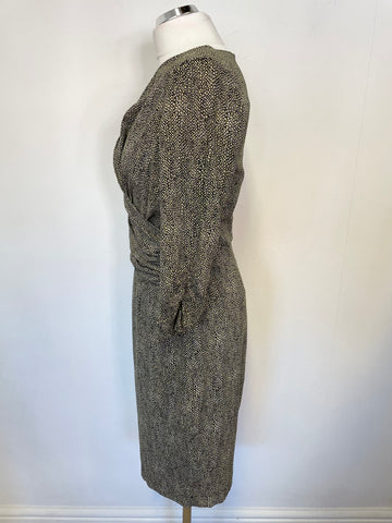 HOBBS GREEN,BLACK & WHITE PRINT 3/4 SLEEVE SILK DRESS SIZE 10