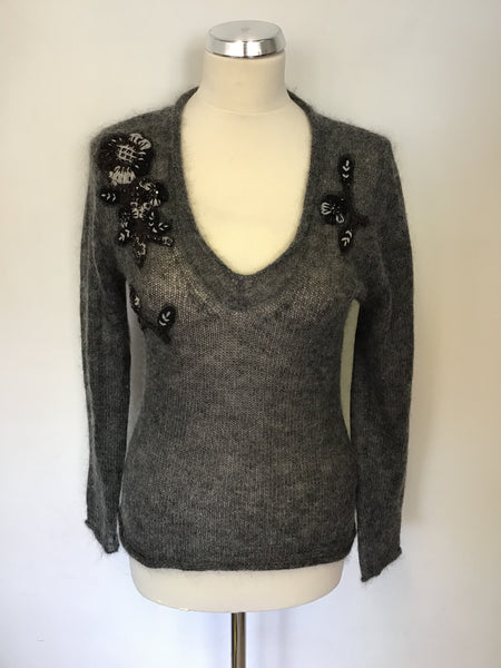 LUISA CERANO DARK GREY MOHAIR BLEND EMBELISHED TRIM V NECK JUMPER SIZE 12