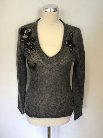 LUISA CERANO DARK GREY MOHAIR BLEND EMBELISHED TRIM V NECK JUMPER SIZE 12