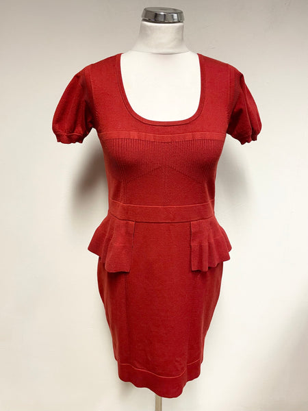 KAREN MILLEN RED FINE KNIT SHORT SLEEVED PEPLUM TRIM PENCIL DRESS  SIZE 4 UK 12/14