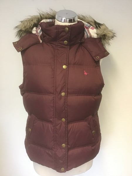 JACK WILLS BURGUNDY DUCK DOWN & FEATHER FILLED HOODED GILET/ BODY WARMER SIZE 14
