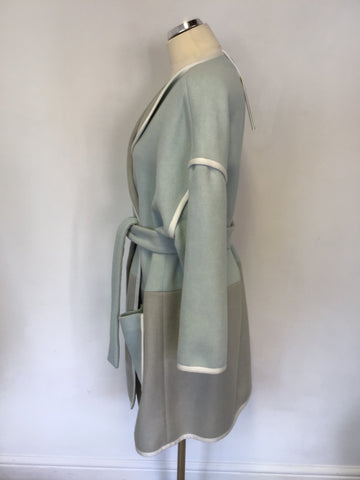BRAND NEW ICEBERG DUCK EGG & GREY OVERSIZE WOOL BLEND TIE BELT COAT SIZE 40/ UK 12