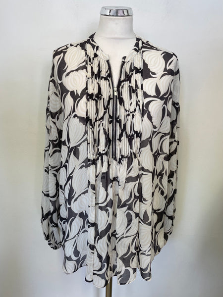 MINT VELVET BLACK & IVORY PATTERNED LONG SLEEVED TOP SIZE 18
