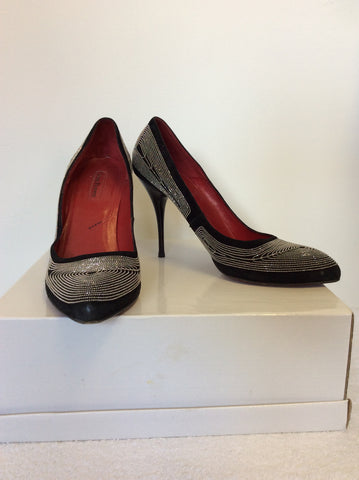 ITALIAN CESARE PACIOTTI BLACK SUEDE & SILVER CHAIN EMBELLISHED HEELS SIZE 6/39