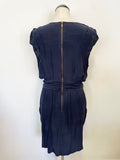 WHISTLES NAVY BLUE SILK CAP SLEEVED TIE WAIST DRESS SIZE 14