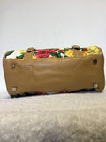 KAREN MILLEN FLORAL ROSE PRINT COTTON & TAN LEATHER TRIM HAND BAG